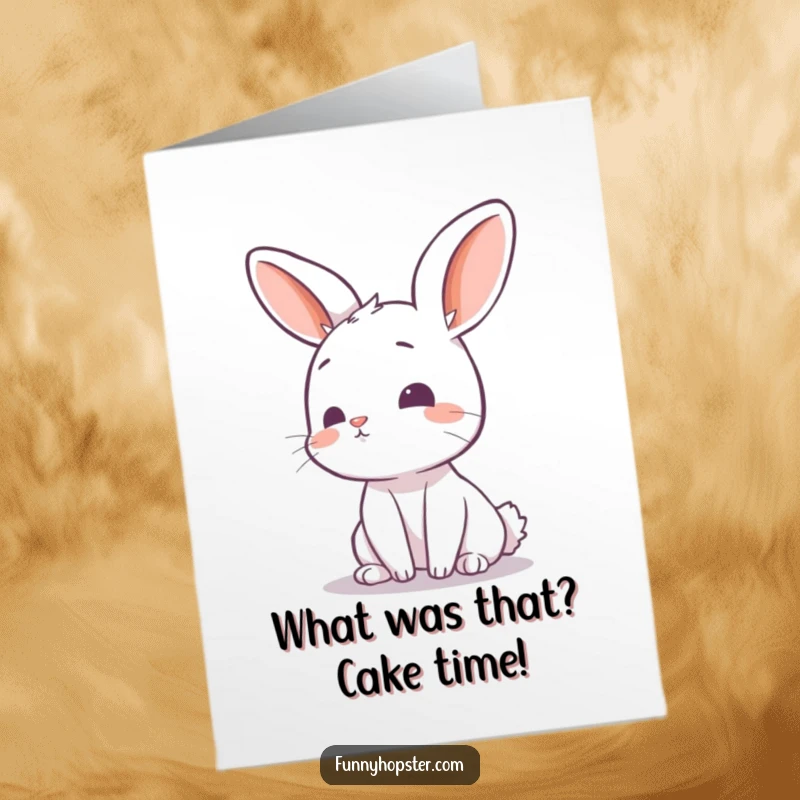 Funny Free Printable Birthday Card: Curious rabbit tilts head, ears perked, listening for birthday excitement, full of wonder.