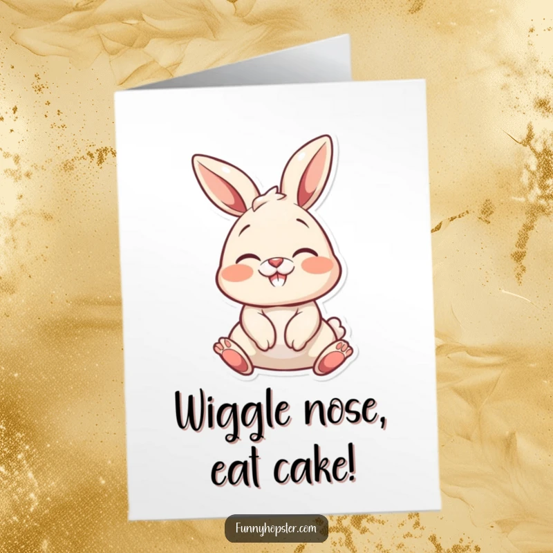Funny Free Printable Birthday Card: a bunny wiggling its nose with pure delight, conveying happy birthday wishes.