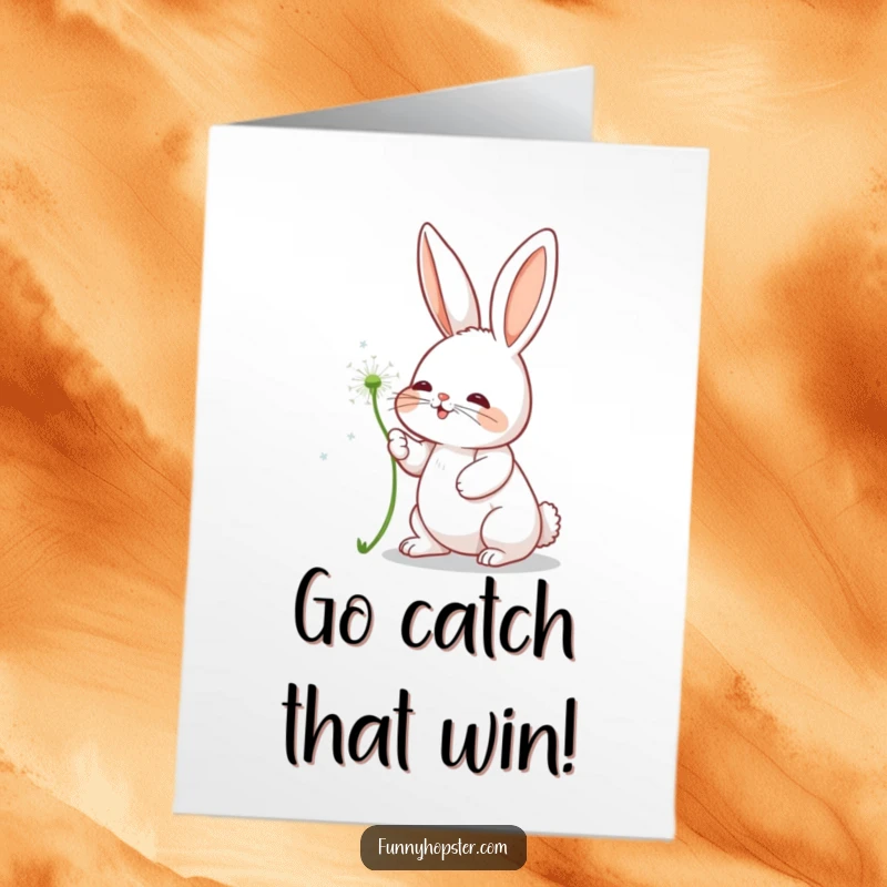 Funny Free Printable Congratulations Card: Rabbit playfully swatting a delicate dandelion seed. A symbol of dreams. Downloadable.