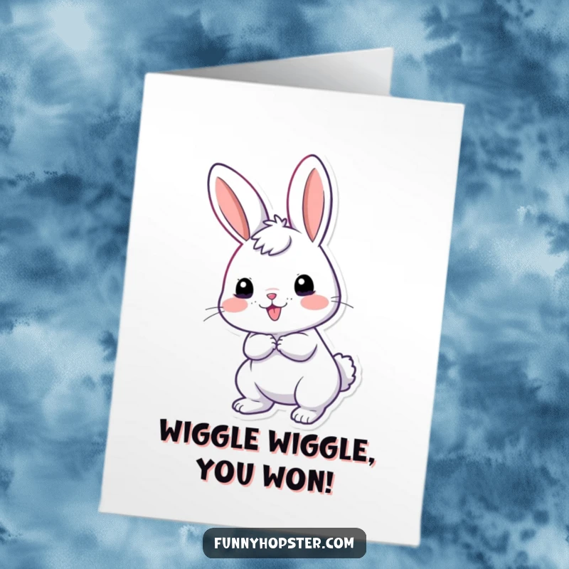 Funny Free Printable Congratulations Card: A giddy rabbit wiggling its tail with pure joy and excitement over good news.
