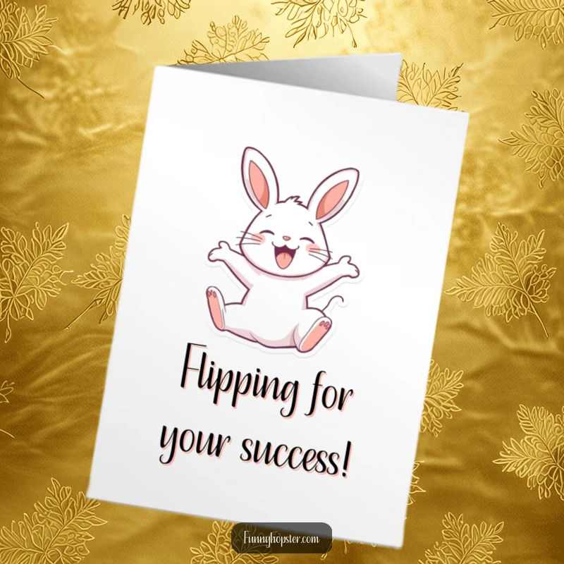 Funny Free Printable Congratulations Card showing a joyful rabbit performing a perfect backflip to celebrate success.