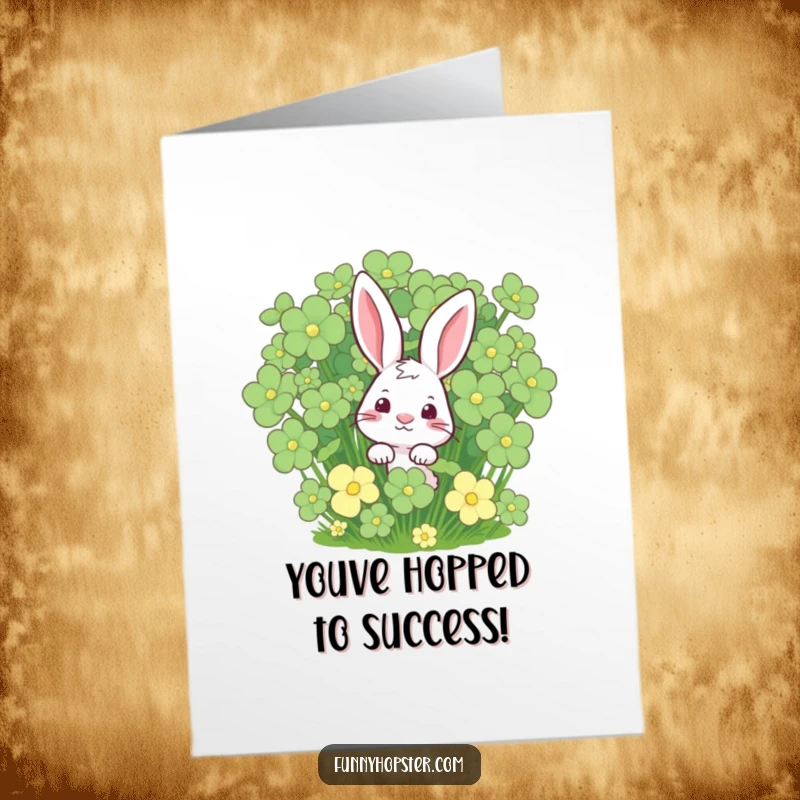 Funny Free Printable Congrats Card showing a curious rabbit in a clover patch, celebrating success with joy.