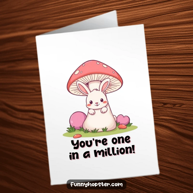 Funny Free Printable Congratulations Card: A mischievous rabbit is hiding and peeking from behind a large mushroom.