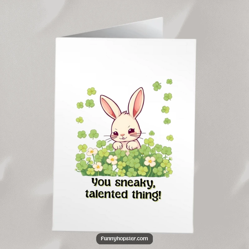 Funny Free Printable Congratulations Card: A sly rabbit hidden in clover, ready to pop out with a cheeky grin.