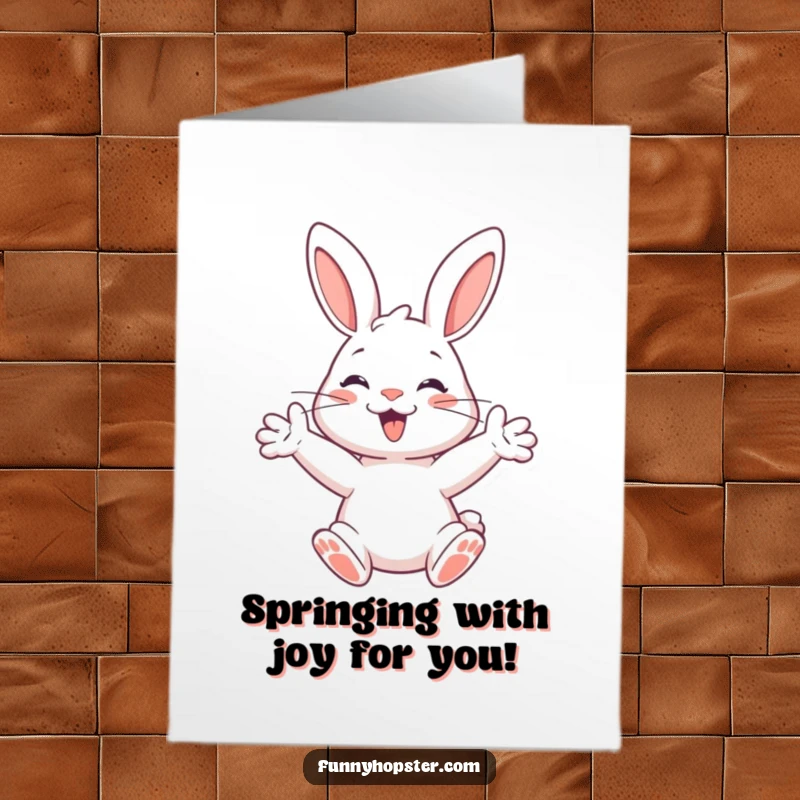 Funny Free Printable Congratulations Card: A rabbit with paws ready, energetically springing forward to celebrate success.