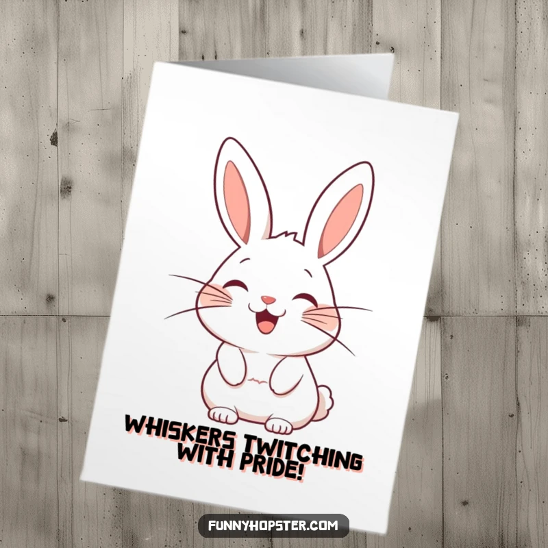 Funny Free Printable Congrats Card: Stylized rabbit with exaggerated whiskers wagging with delight, celebrating a grand achievement.