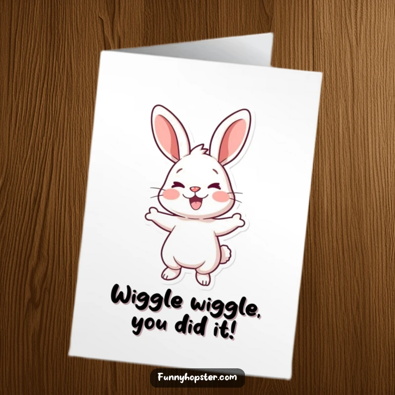 Funny Free Printable Congratulations Card: A rabbit doing a happy wiggle dance, celebrating success. Great downloadable art.