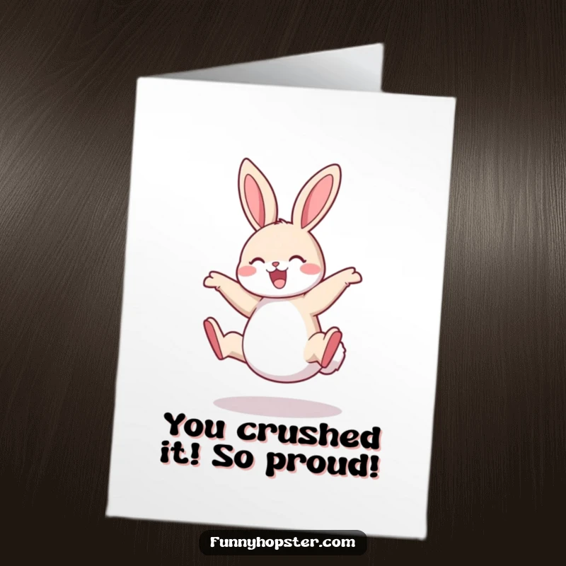 Funny Free Printable Congratulations Card: A delighted rabbit performing a joyful cartwheel, perfect for celebrating success.