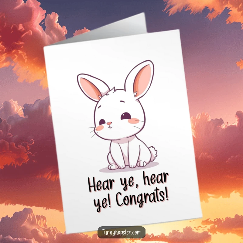 Funny Free Printable Congratulations Card: Curious rabbit tilts head, listening intently, as if hearing wonderful news, ears up.