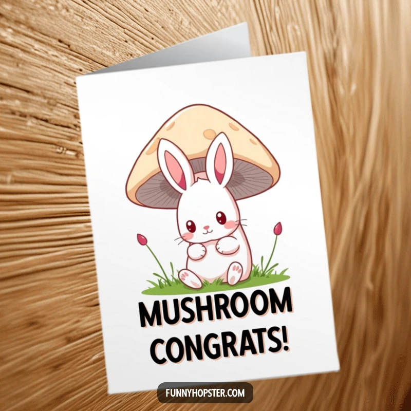 Funny Free Printable Congratulations Card: A curious kawaii rabbit peeking out from behind a large, colorful mushroom.