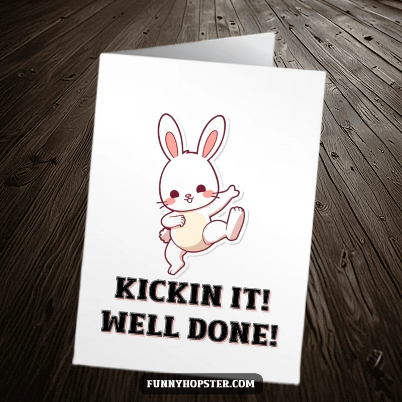 Funny Free Printable Congratulations Card: A happy bunny does a playful kick, celebrating an achievement with gusto.