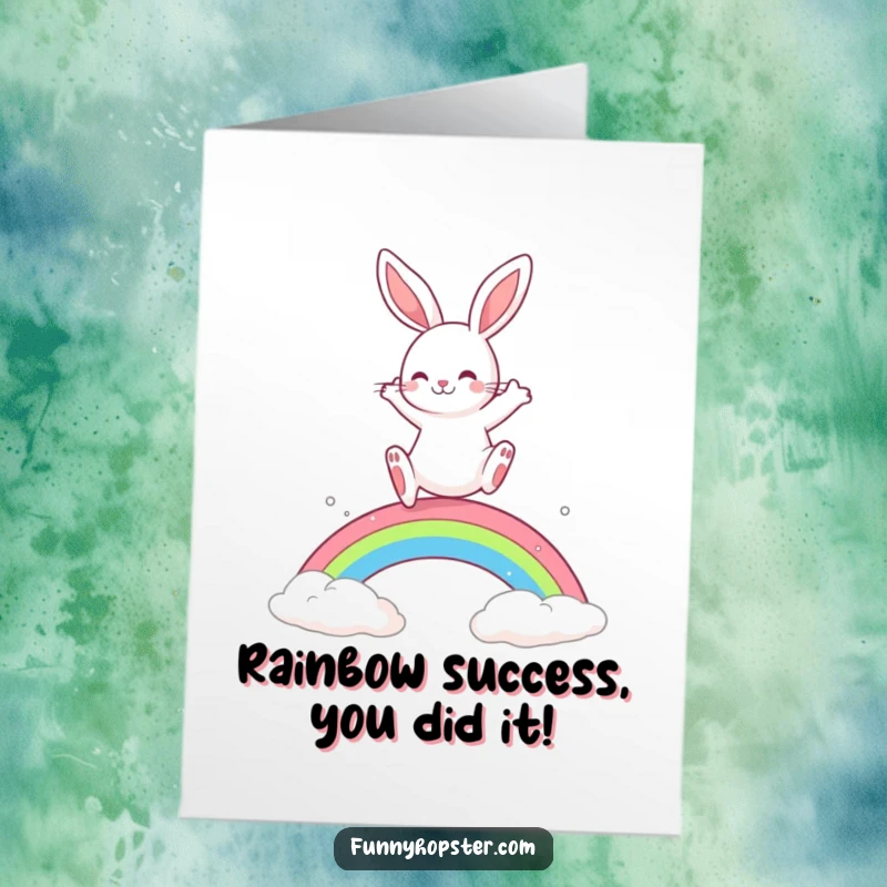 Funny Free Printable Congrats Card: A playful rabbit leaping energetically over a bright rainbow.