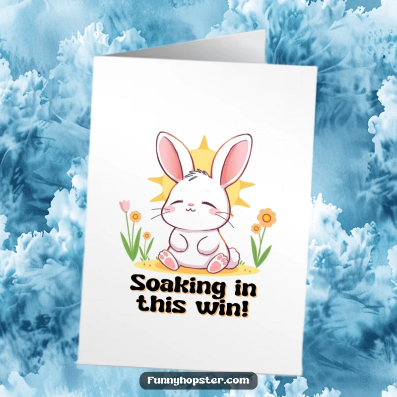 Funny Free Printable Congratulations Card: Rabbit basking contentedly in the sun, eyes shut, symbolizing peaceful enjoyment of success.