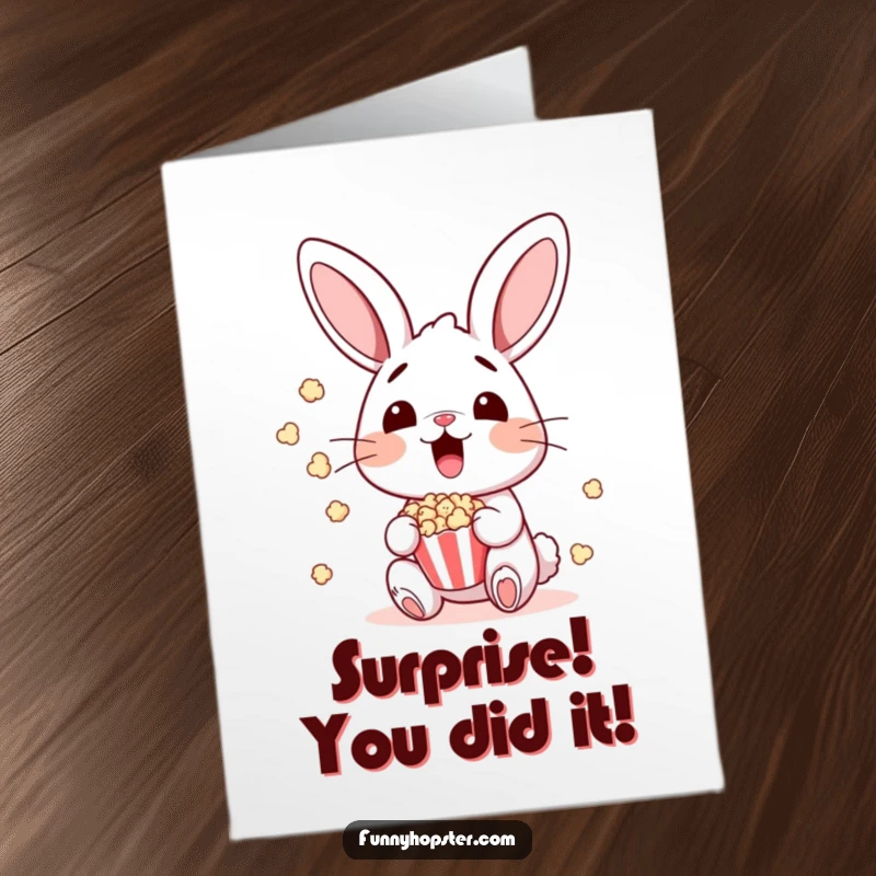 Funny Free Printable Congratulations Card: a bunny looking shocked as popcorn erupts around it, celebrating unexpected success.