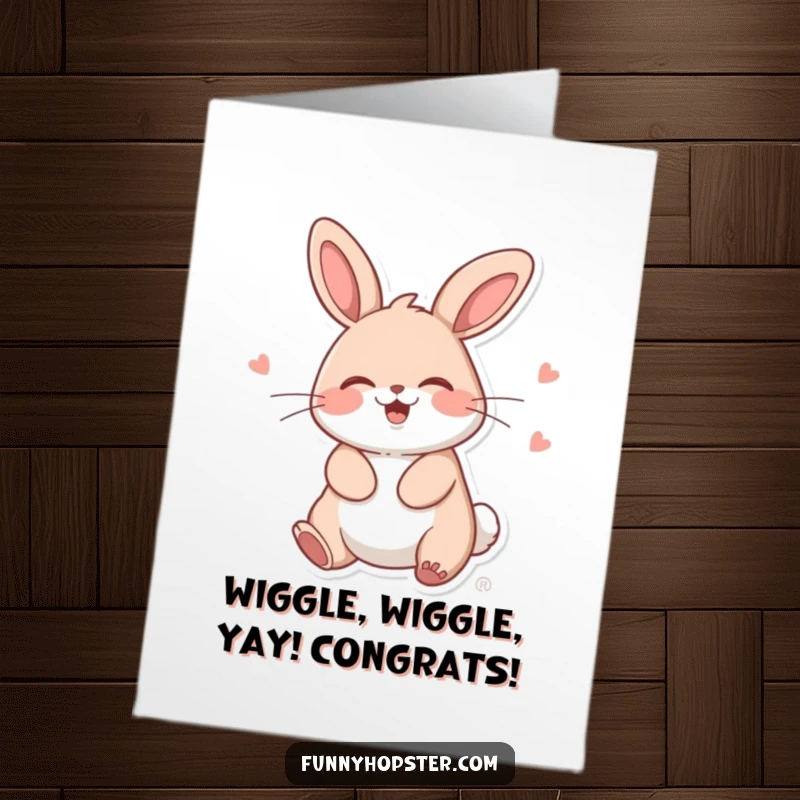 Funny Free Printable Congratulations Card: A kawaii rabbit giggles and does a silly wiggle to celebrate.
