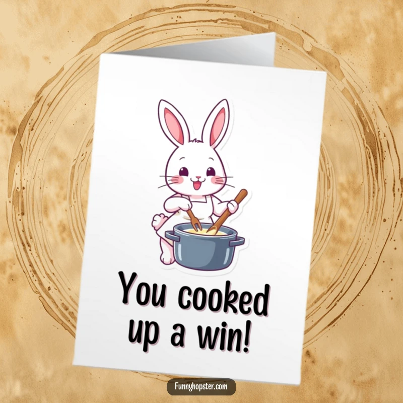 Funny Free Printable Congratulations Card: Cheerful rabbit chef in apron offers congratulations with a steaming pot of success.