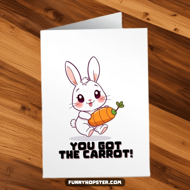 Funny Free Printable Congratulations Card depicting a playful rabbit in hot pursuit of a bouncing carrot, celebrating success.