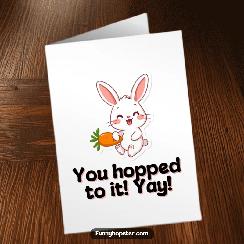 Funny Free Printable Congratulations Card: A happy rabbit character hopping with a carrot, celebrating a success.