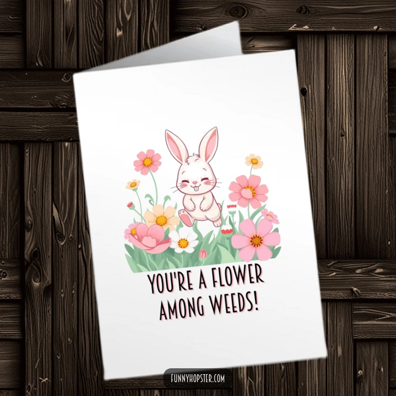 Funny Free Printable Congrats Card: Playful rabbit with a mischievous grin hopping through oversized flowers, symbolizing blooming success.