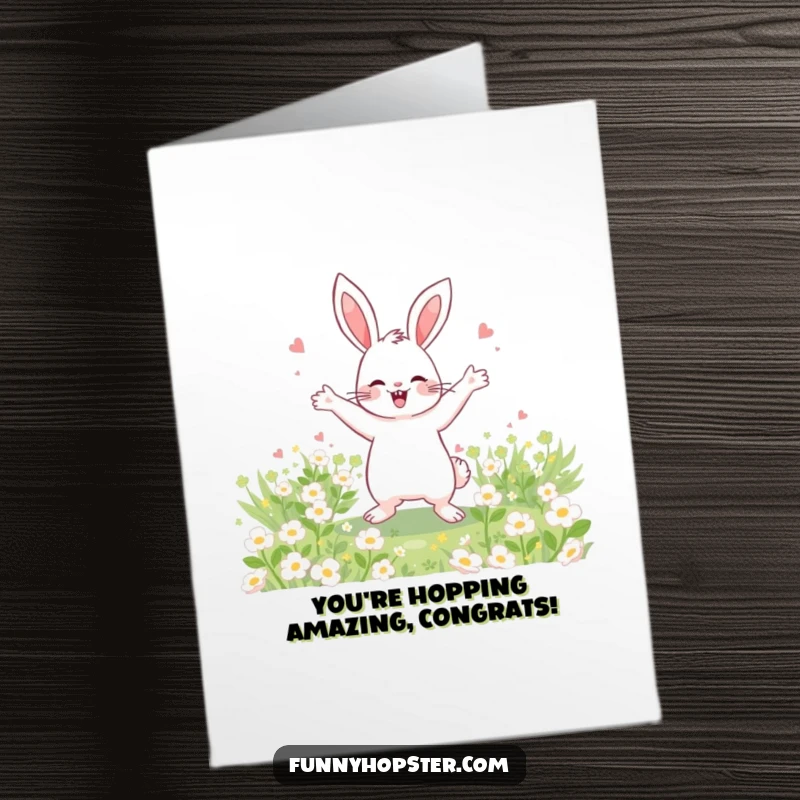 Funny Free Printable Congratulations Card: A jubilant rabbit does a celebratory dance amidst lush clover, sharing in success.