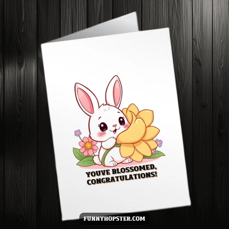 Funny Free Printable Congratulations Card: A kawaii rabbit joyfully surprised by the discovery of a huge, beautiful flower.
