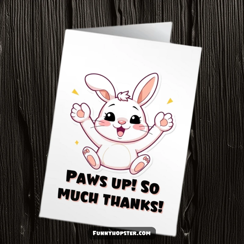 Funny Free Printable Thank You Card: A delighted bunny with paws in the air, celebrating your kindness.