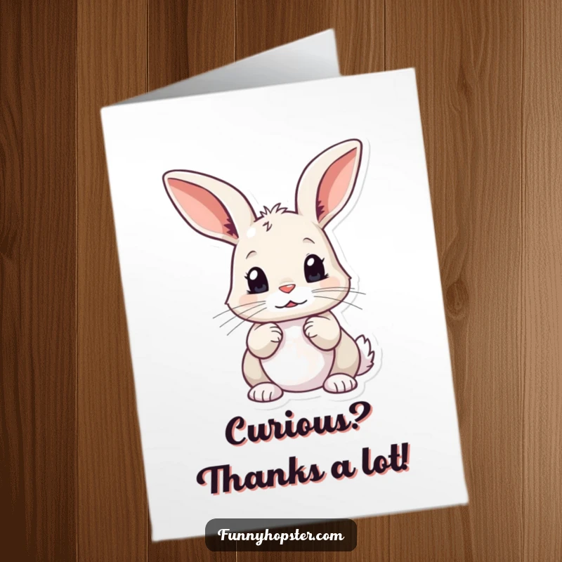 Funny Free Printable Thank You Card: A curious rabbit with ears twitching, wondering how to thank you best.