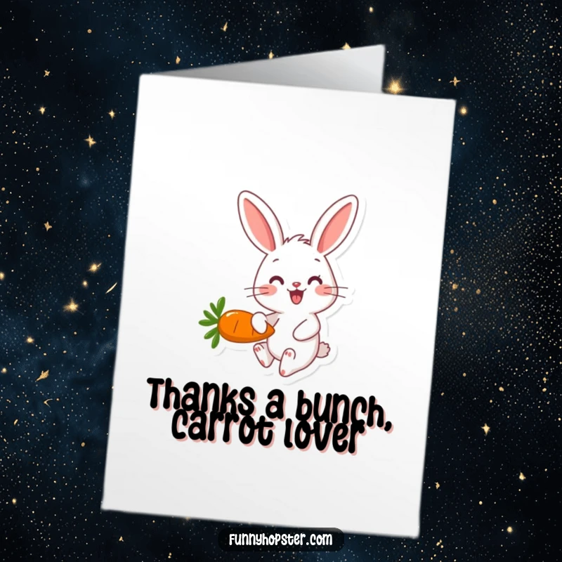 Funny Free Printable Thank You Card: A happy rabbit character hopping excitedly with a carrot, offering thanks.