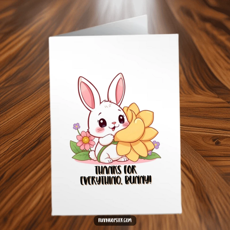 Free Printable Thank You Card: A kawaii rabbit with eyes wide open, discovering a giant, cheerful flower.