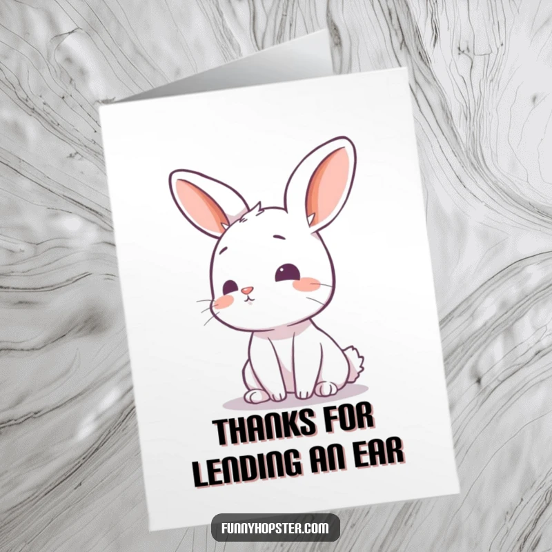 Funny Free Printable Thank You Card: Curious rabbit tilts head, listening with wonder, appreciating your kind gesture.
