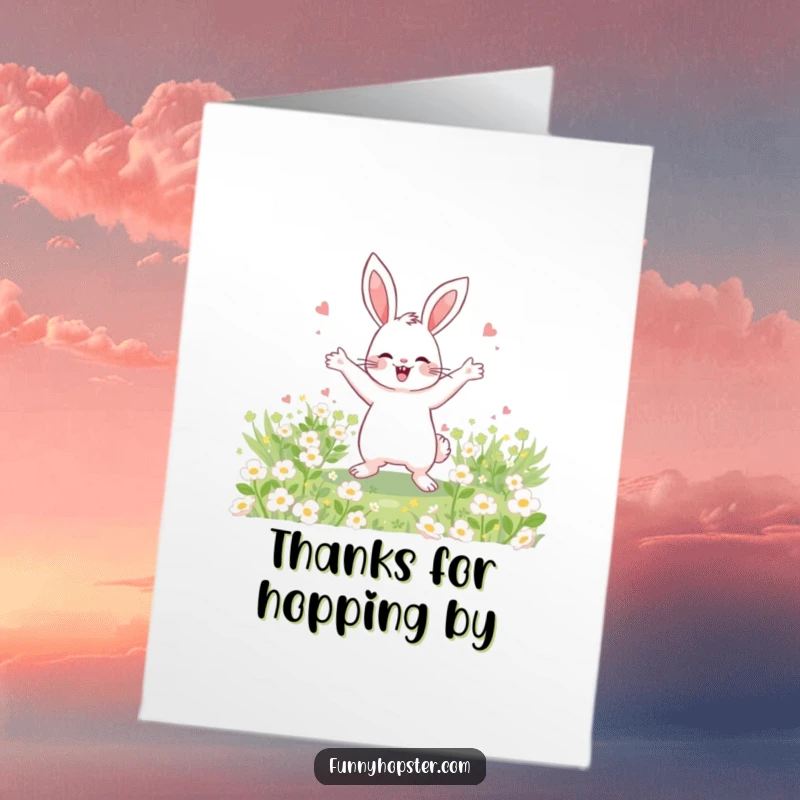 Funny Free Printable Thank You Card: A happy rabbit performs a celebratory dance in a clover field, conveying thanks.