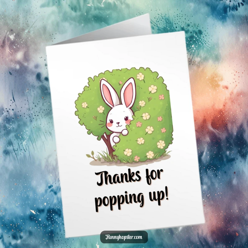 Funny Free Printable Thank You Card: A rabbit playing hide-and-seek behind a bush, a whimsical thank you.