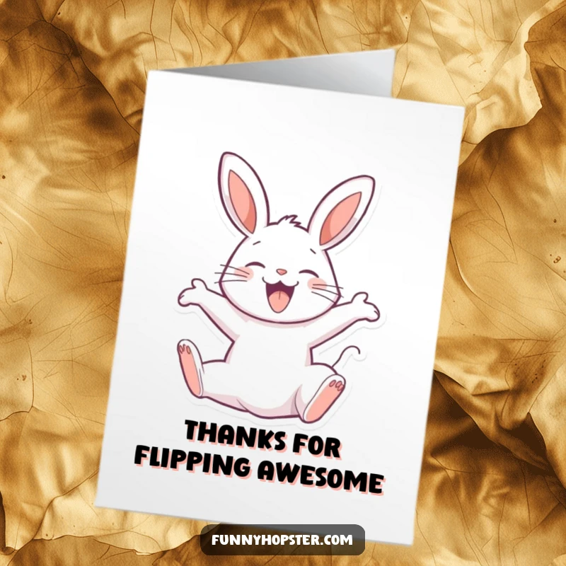 Funny Free Printable Thank You Card with a joyful rabbit executing a backflip, showing immense and energetic gratitude.