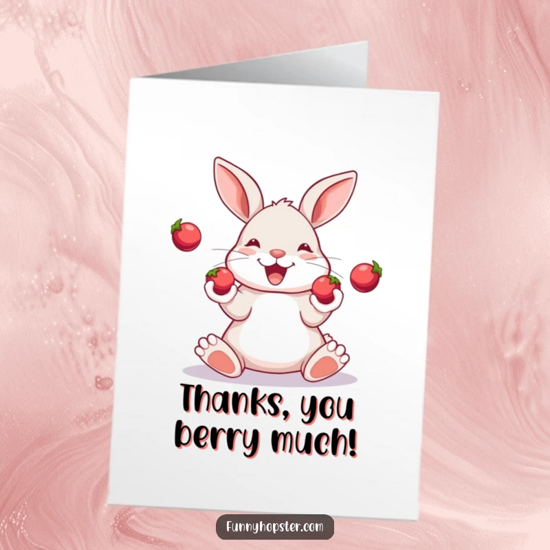 Funny Free Printable Thank You Card: A happy rabbit focused on juggling three small, glistening berries.