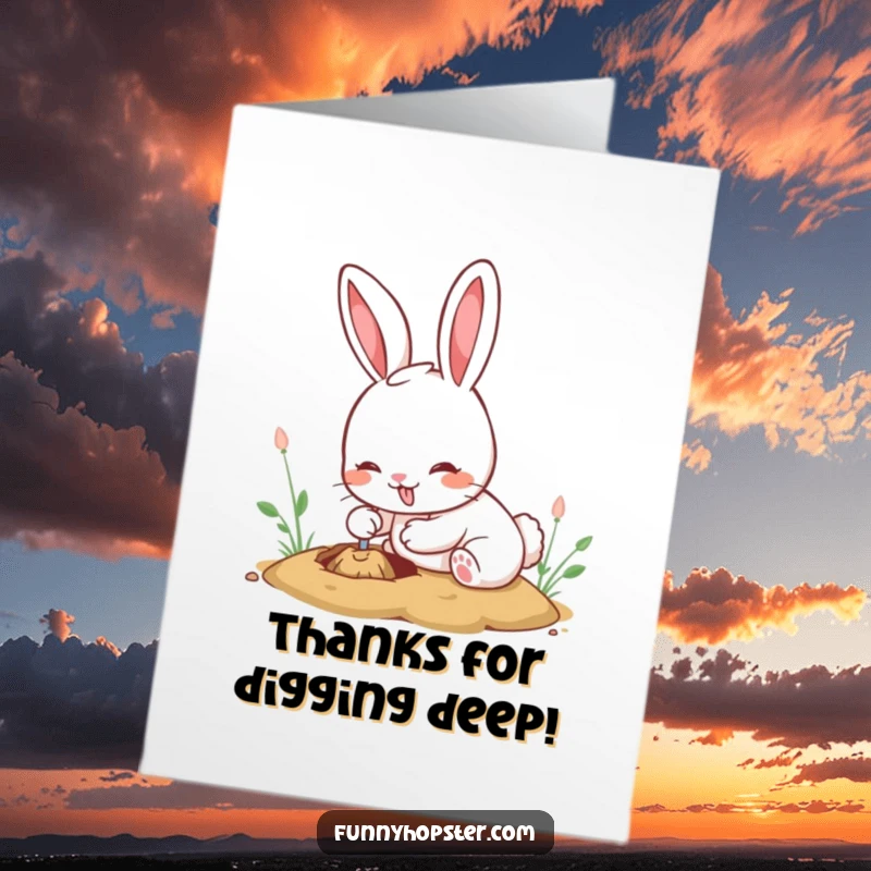Funny Free Printable Thank You Card: A happy kawaii rabbit digging with gusto, conveying heartfelt thanks.
