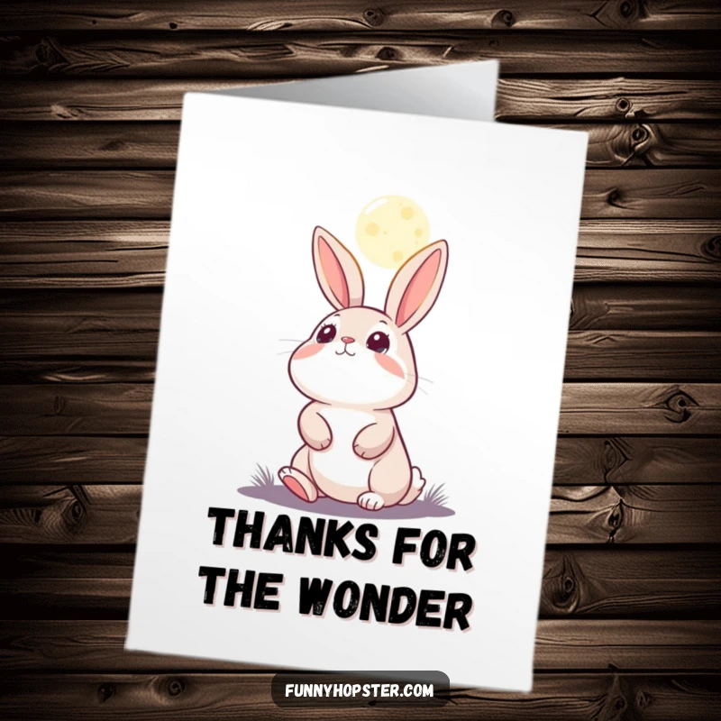 Funny Free Printable Thank You Card: Rabbit looking up at the moon with wide, wondrous eyes. Peaceful downloadable art.
