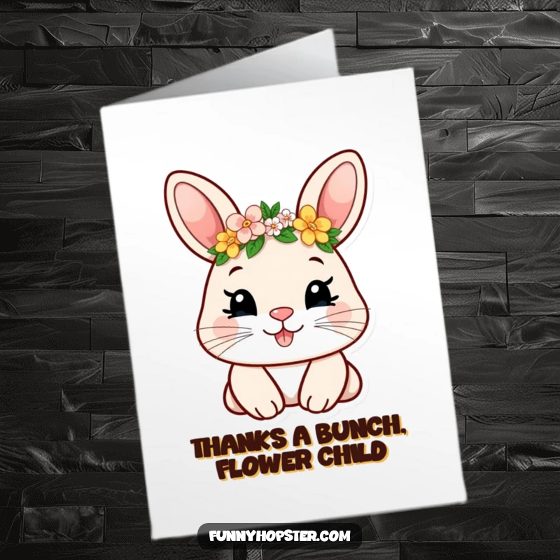 Funny Free Printable Thank You Card featuring a smiling rabbit adorned with a delicate flower crown, conveying heartfelt thanks.