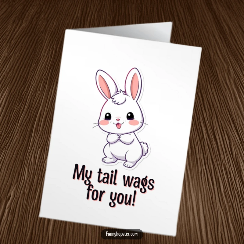 Funny Free Printable Thank You Card: A giddy rabbit wiggling its tail enthusiastically to show thanks.