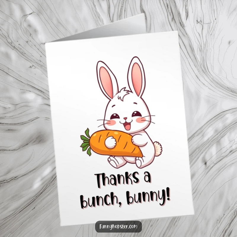 Funny Free Printable Thank You Card: A content rabbit happily munching on a large, delicious carrot.
