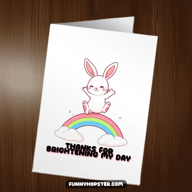 Funny Free Printable Thank You Card: A playful rabbit leaping energetically over a bright rainbow.