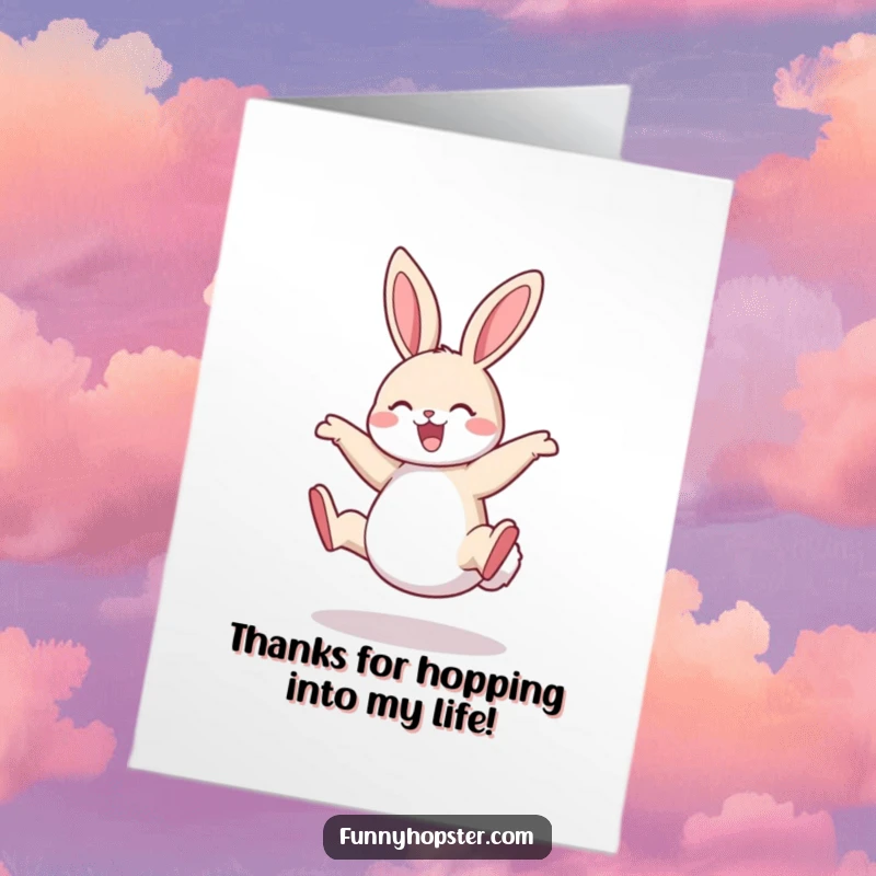 Funny Free Printable Thank You Card: A rabbit in mid-cartwheel expressing thanks with pure joy and energy.