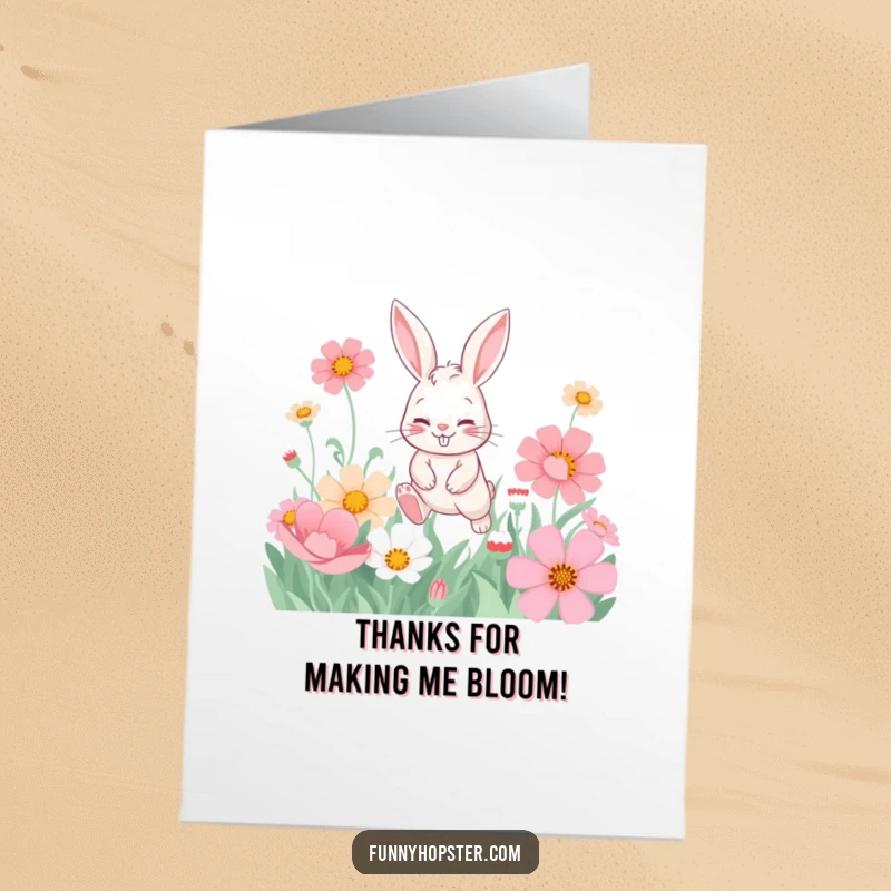 Funny Free Printable Thank You Card: A playful rabbit with a mischievous grin hopping through a field of oversized flowers, saying thanks.