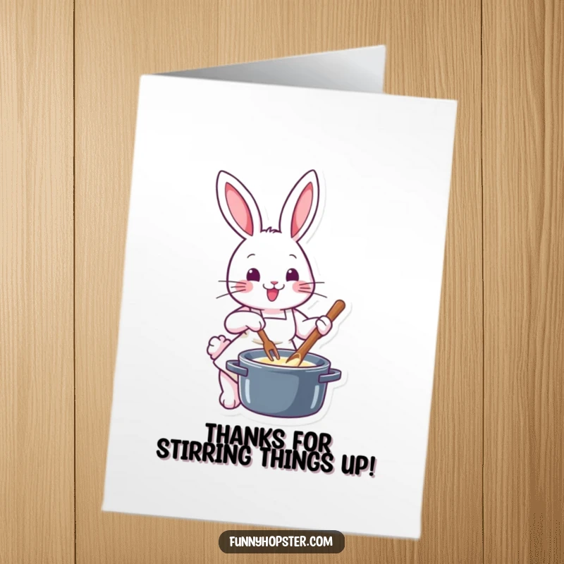 Funny Free Printable Thank You Card: Cute rabbit chef in apron presents a delicious pot, expressing heartfelt thanks.