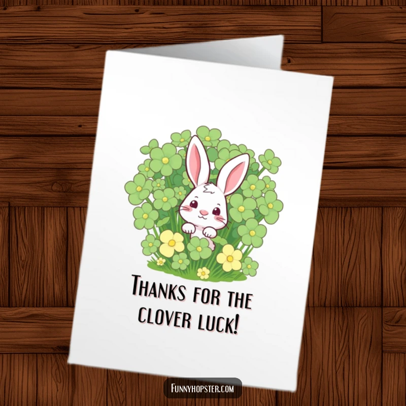 Funny Free Printable Thank You Card with a curious rabbit in a clover patch, expressing sincere gratitude.