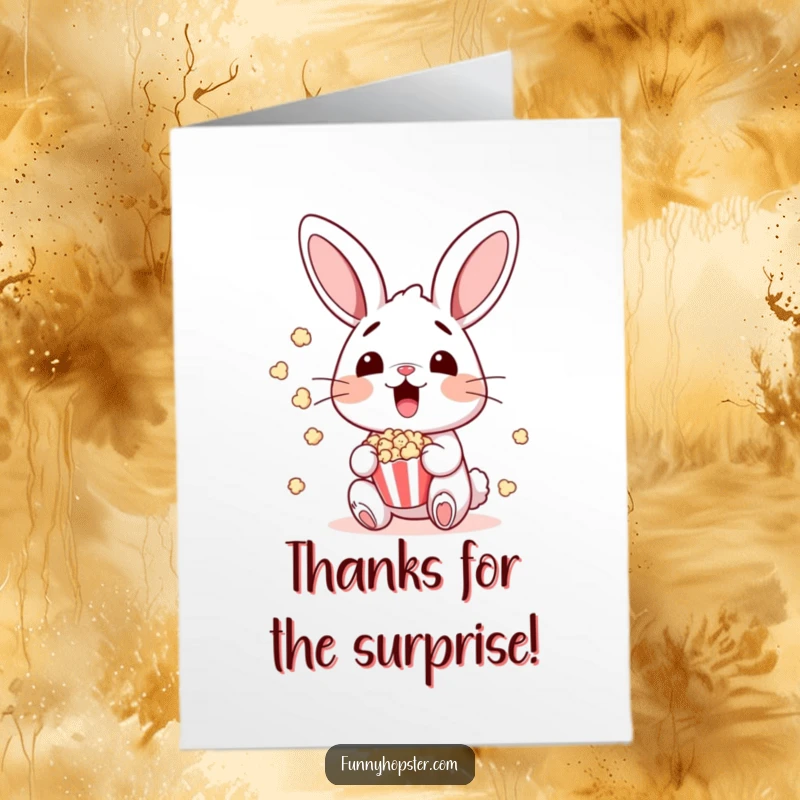 Funny Free Printable Thank You Card: a surprised bunny amidst flying popcorn, a unique way to say thanks.