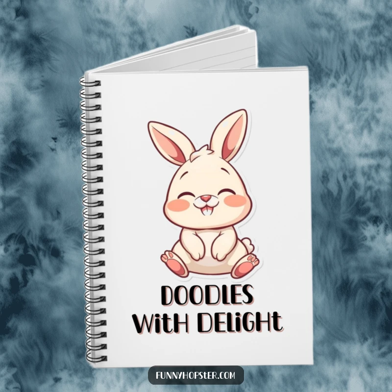 Funny bunny character wiggling its nose with delight, on the cover of a notebook, perfect for a funny gift.