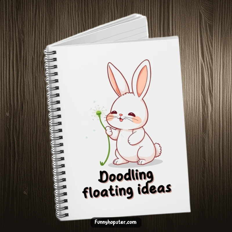 Funny notebook with a rabbit character playfully batting at a dandelion seed, inspiring creativity.