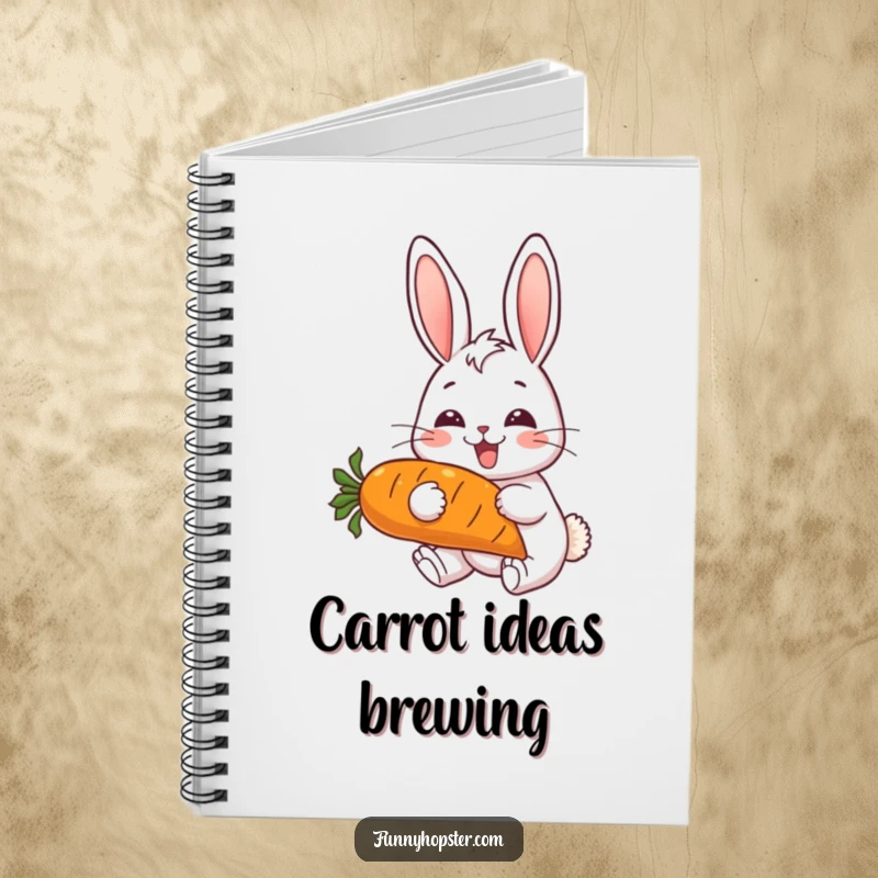 Funny notebook showcasing a cheerful rabbit with perked ears, joyfully eating a huge carrot, for notes and inspiration.