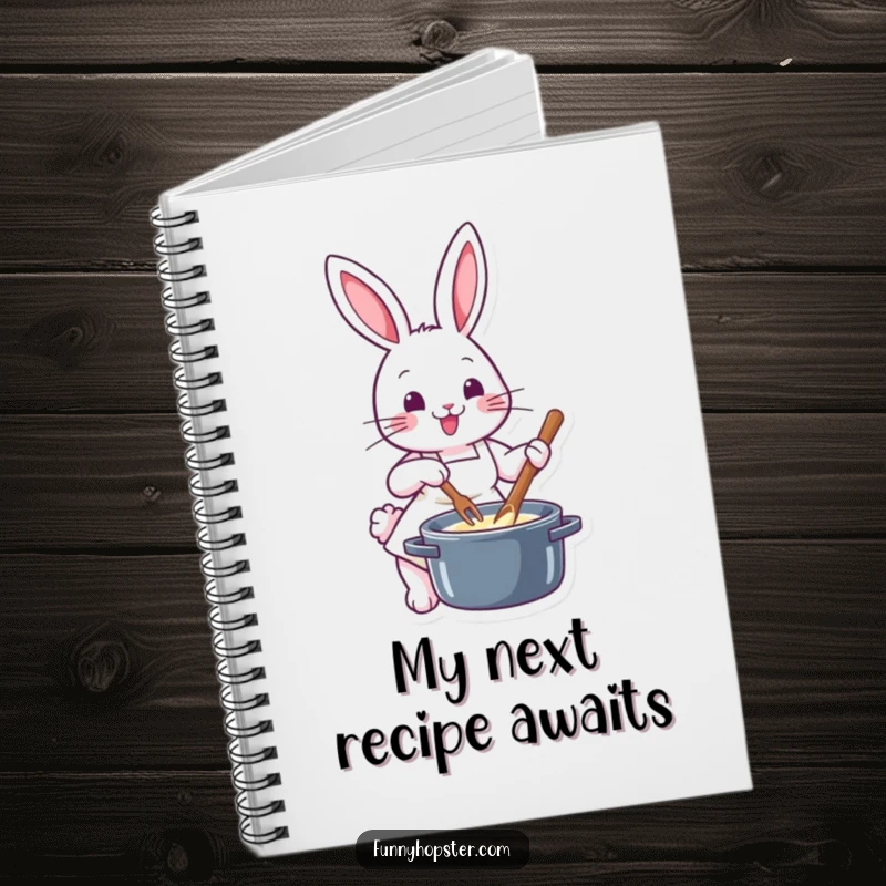 Funny chef rabbit in a tiny apron, stirring a pot, illustrated on the cover of a notebook for recipes and ideas.