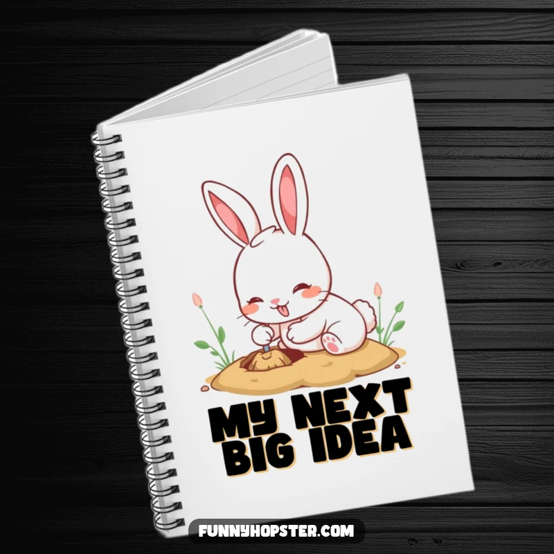 Funny kawaii rabbit notebook with a cute bunny energetically digging a hole, perfect for jotting down thoughts and ideas.